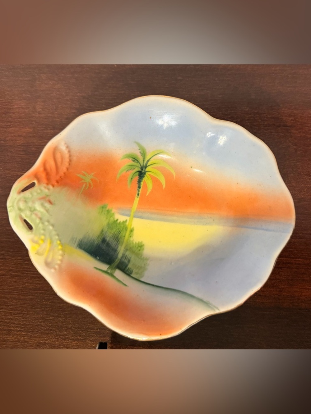 Hand-Painted Tropical Palm Decorative Plate in Orange, Yellow & Green